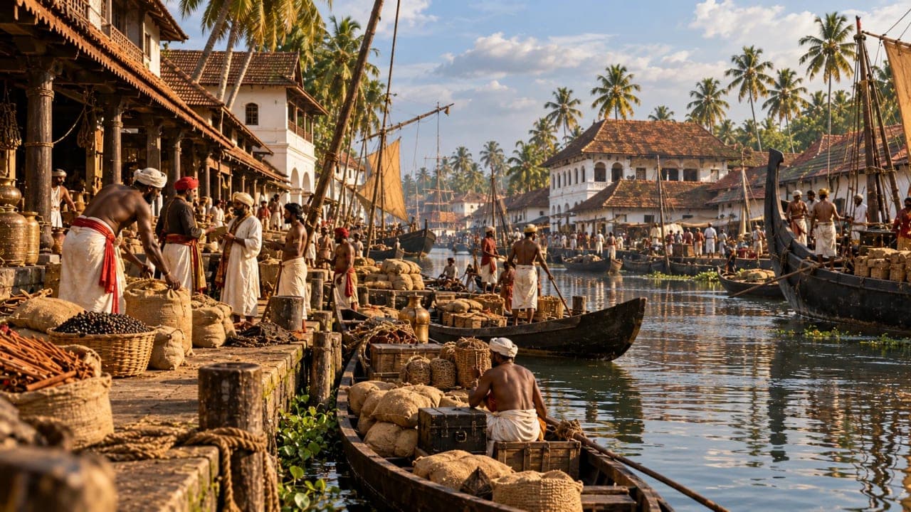 Historical reconstruction of Alappuzha showing canals, trading boats and merchants in the late eighteenth century