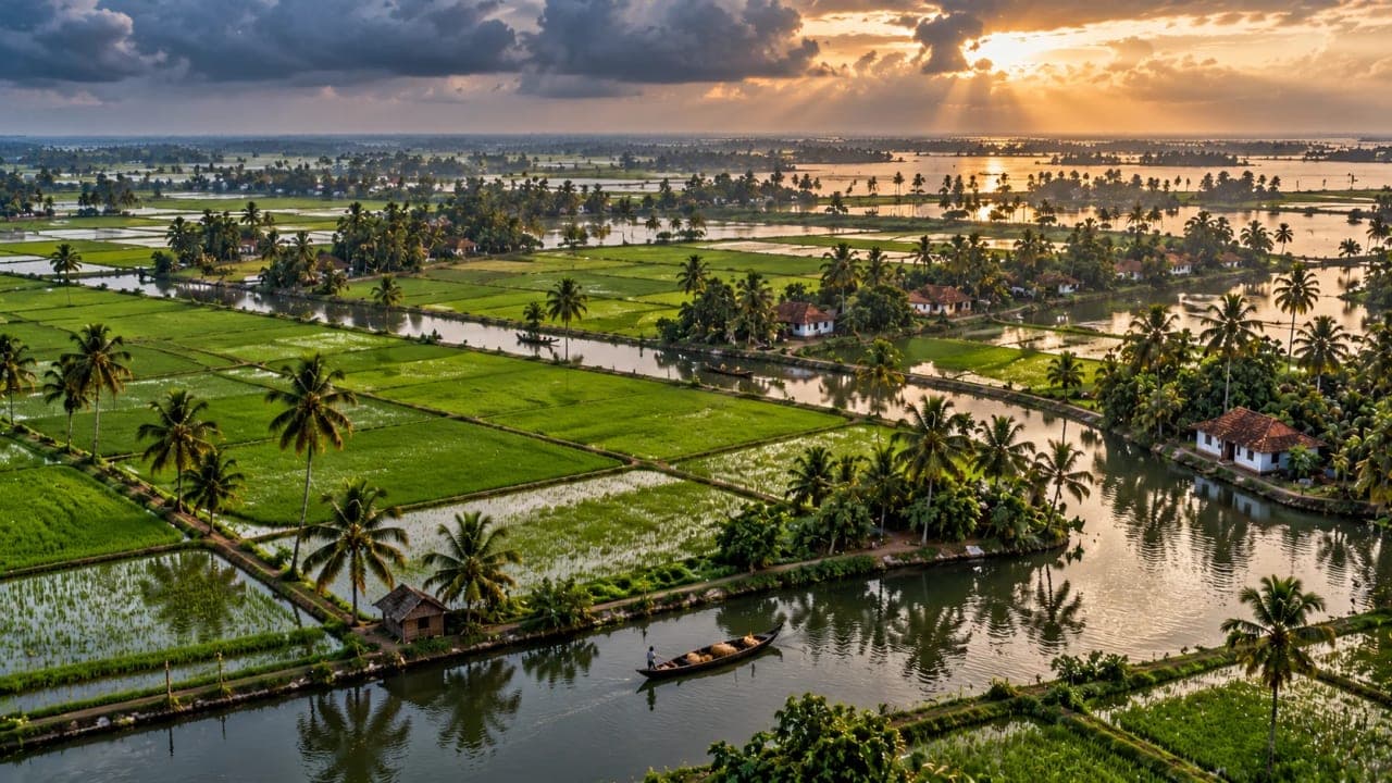 Green paddy fields, canals and embankments in the below-sea-level farming landscape of Kuttanad