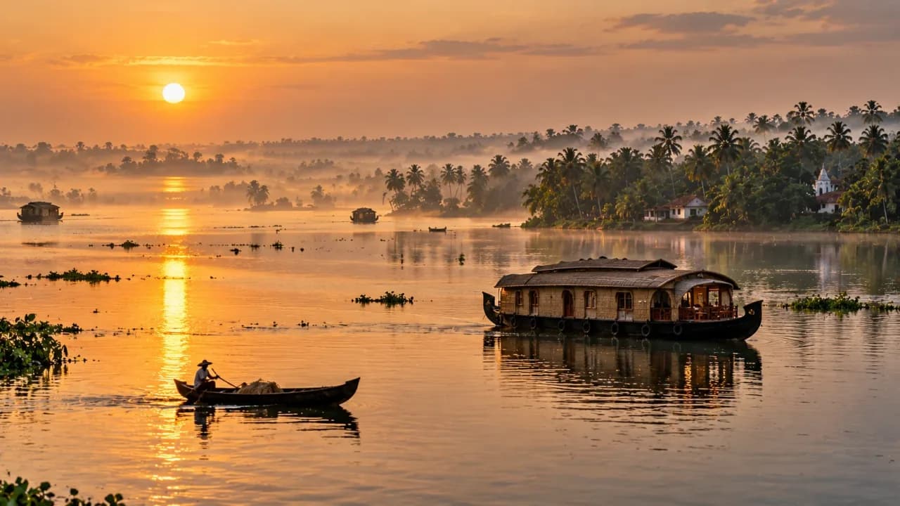 Traditional houseboat and fishing boat on vast Vembanad Lake surrounded by Kerala's tropical landscape