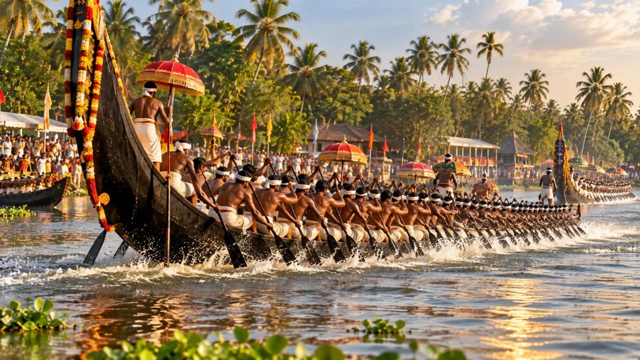 Traditional Kerala snake boat race with synchronized rowers competing across the backwaters