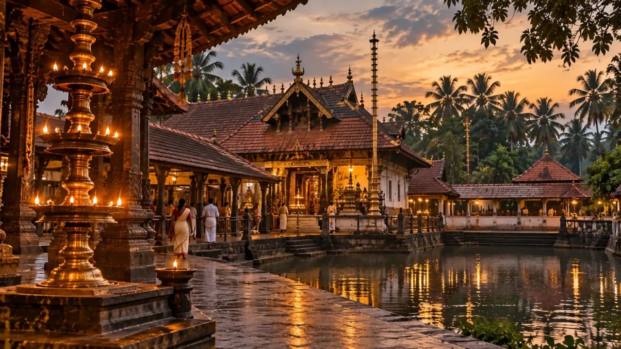 Traditional Kerala architecture of Ambalappuzha Sree Krishna Temple surrounded by greenery