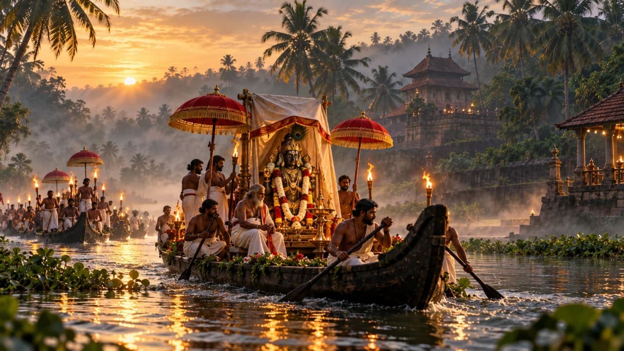Historical-style scene depicting the legendary journey of a Krishna idol by boat through Kerala backwaters