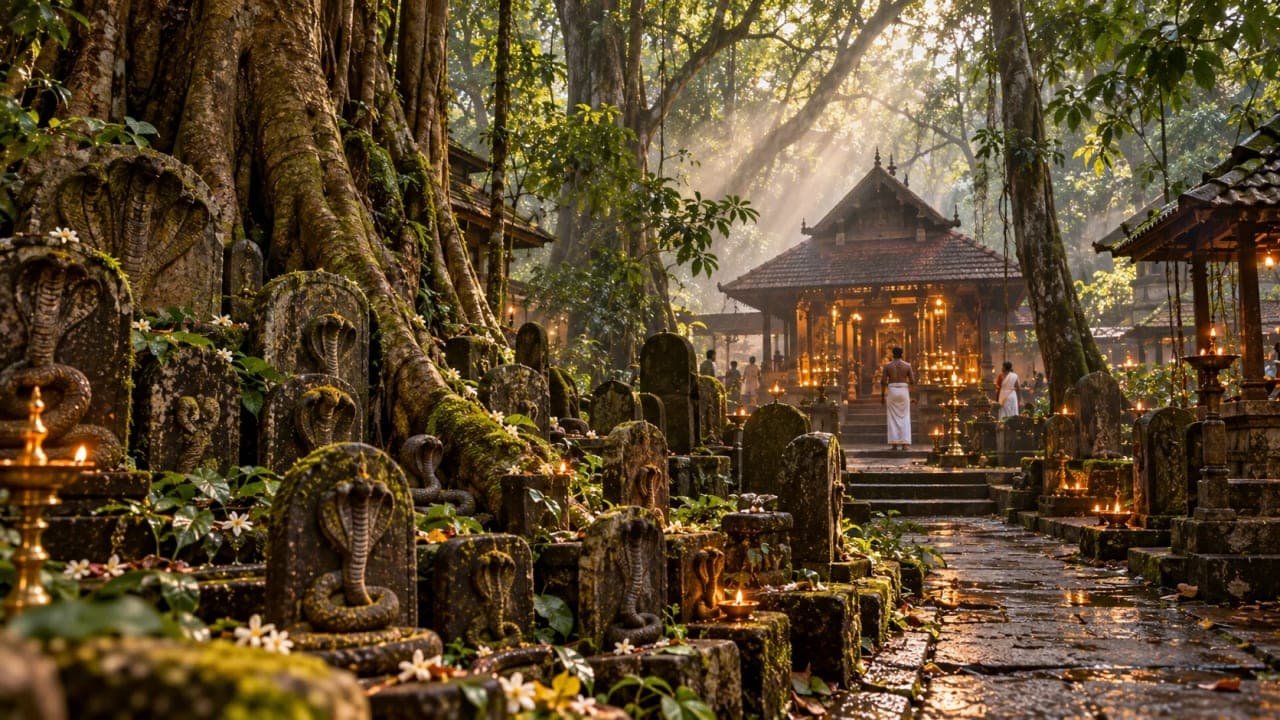 Serpent stone carvings and sacred grove surrounding Mannarasala Sree Nagaraja Temple in Kerala