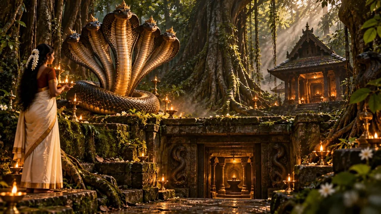 Folklore-inspired depiction of a five-headed serpent near an underground shrine in a Kerala sacred grove