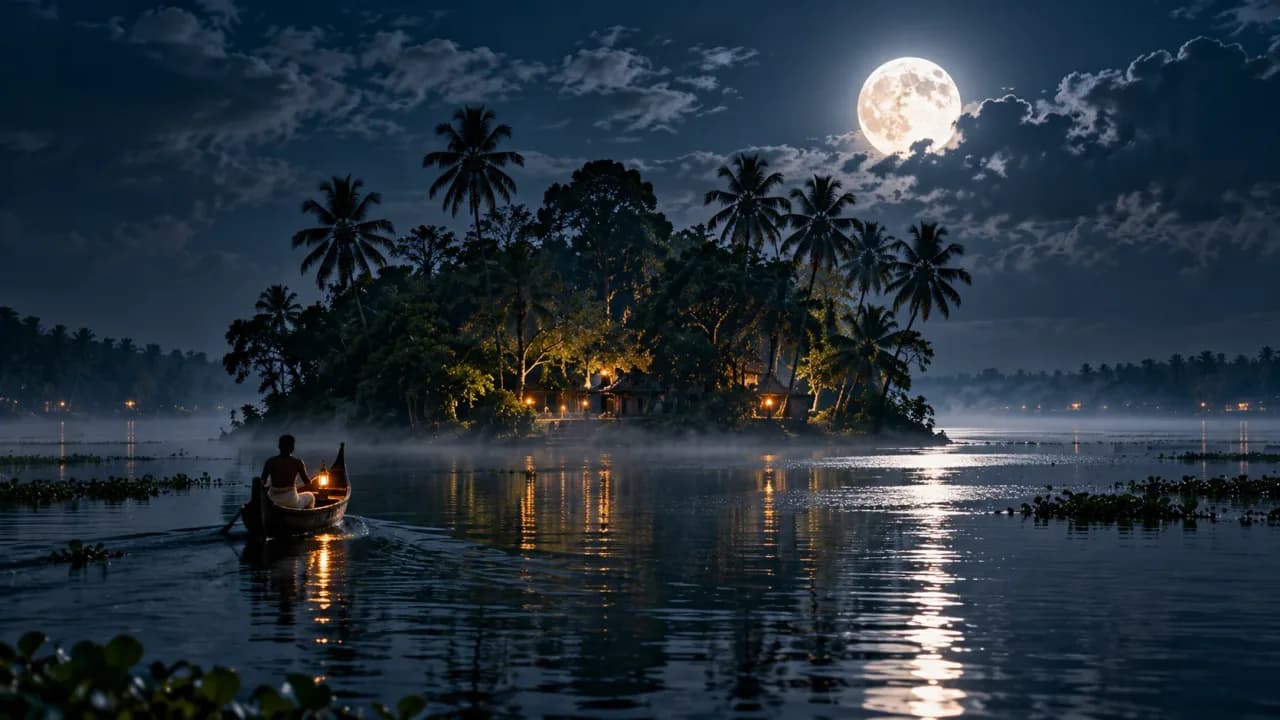 Pathiramanal Island rising from the misty waters of Vembanad Lake under a full moon