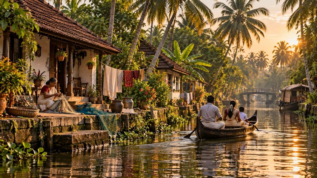 Everyday village life beside a coconut-lined backwater canal in Alleppey