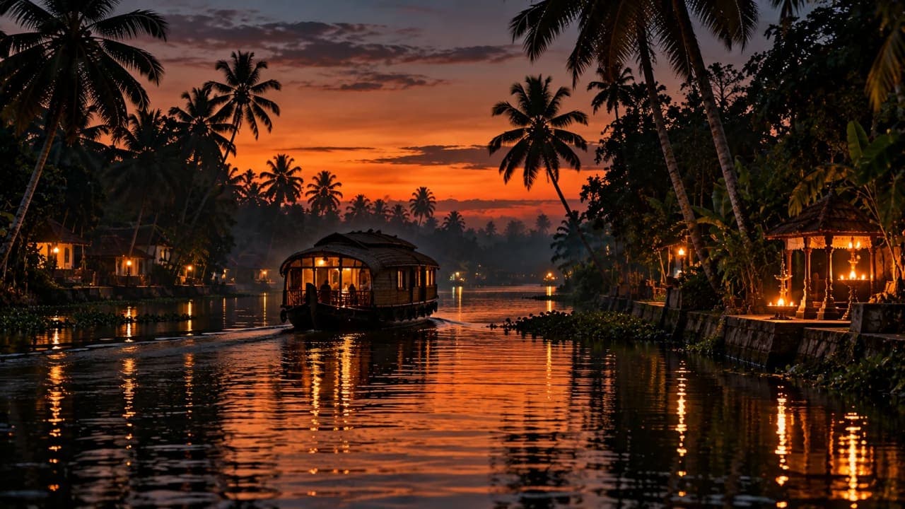 Houseboat disappearing into the quiet Alleppey backwaters after sunset