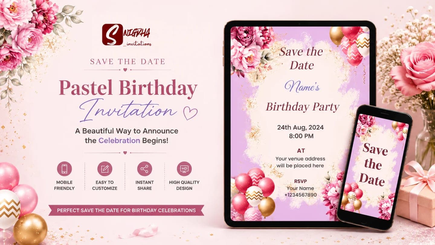 Pastel birthday save-the-date digital invitation with soft celebration styling