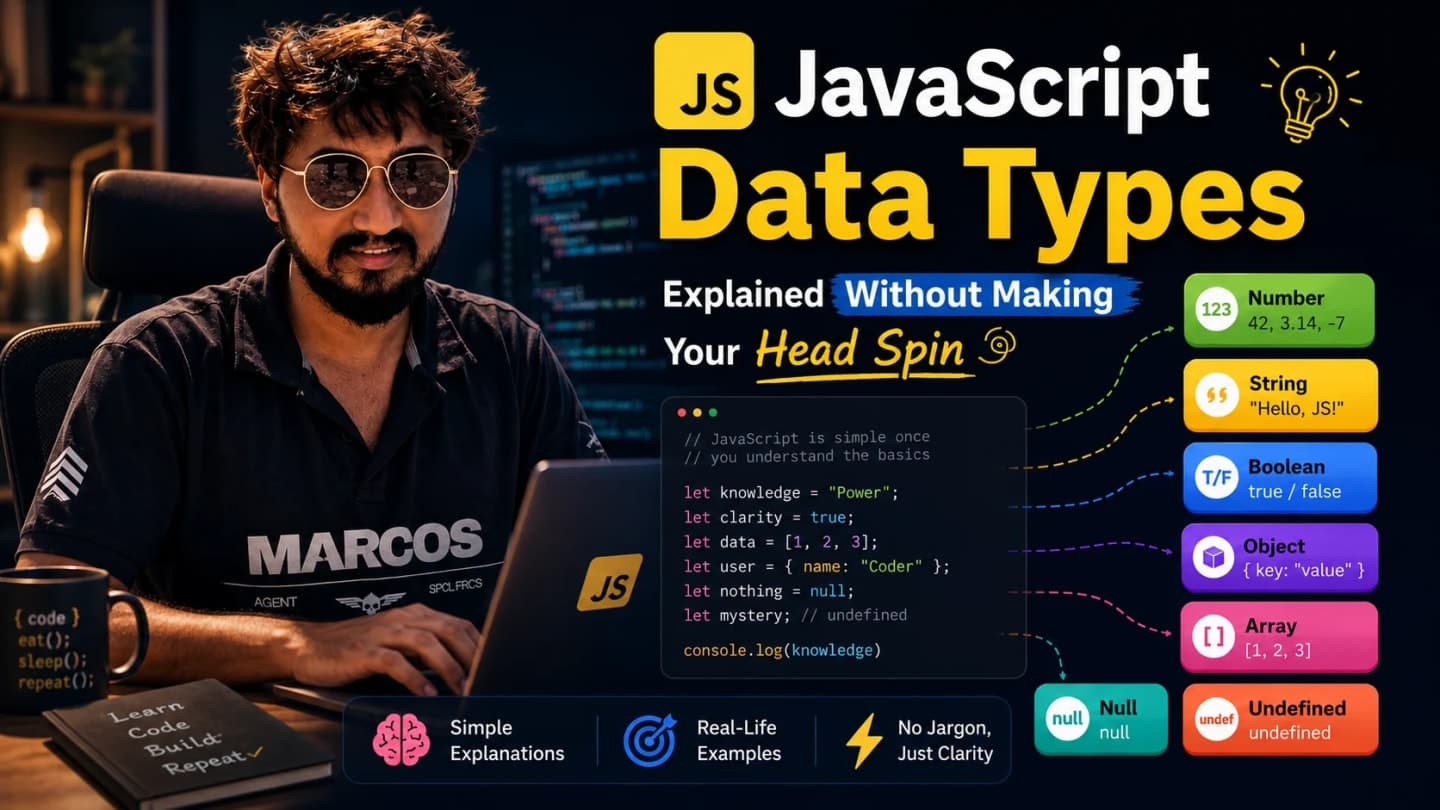 JavaScript data types lesson graphic for beginner frontend developers