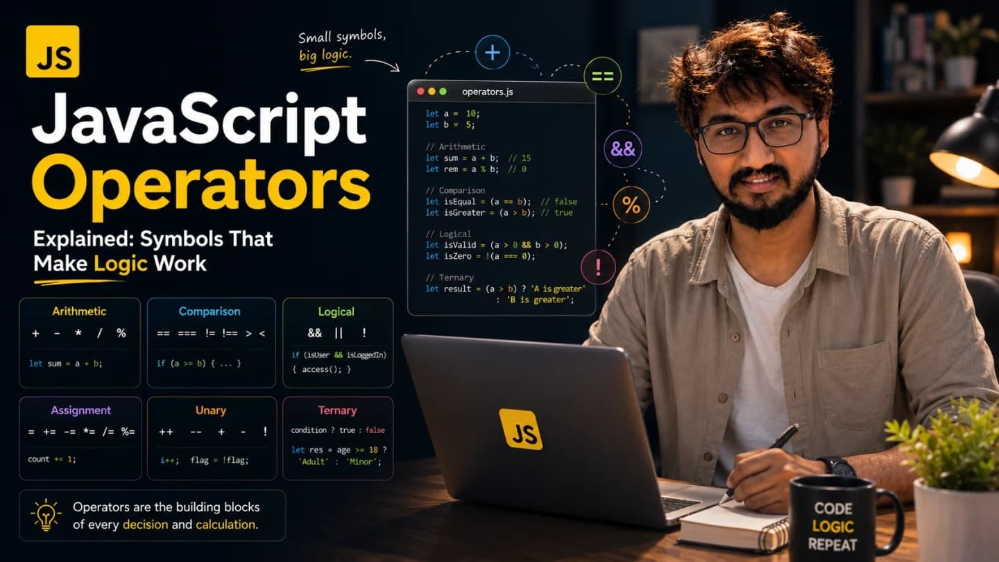 Editorial tech graphic titled JavaScript Operators with operator symbols around a laptop code editor