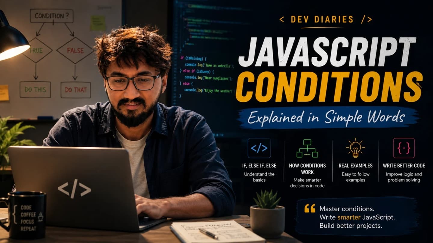 Editorial tech graphic about JavaScript conditions with decision branches around a code editor