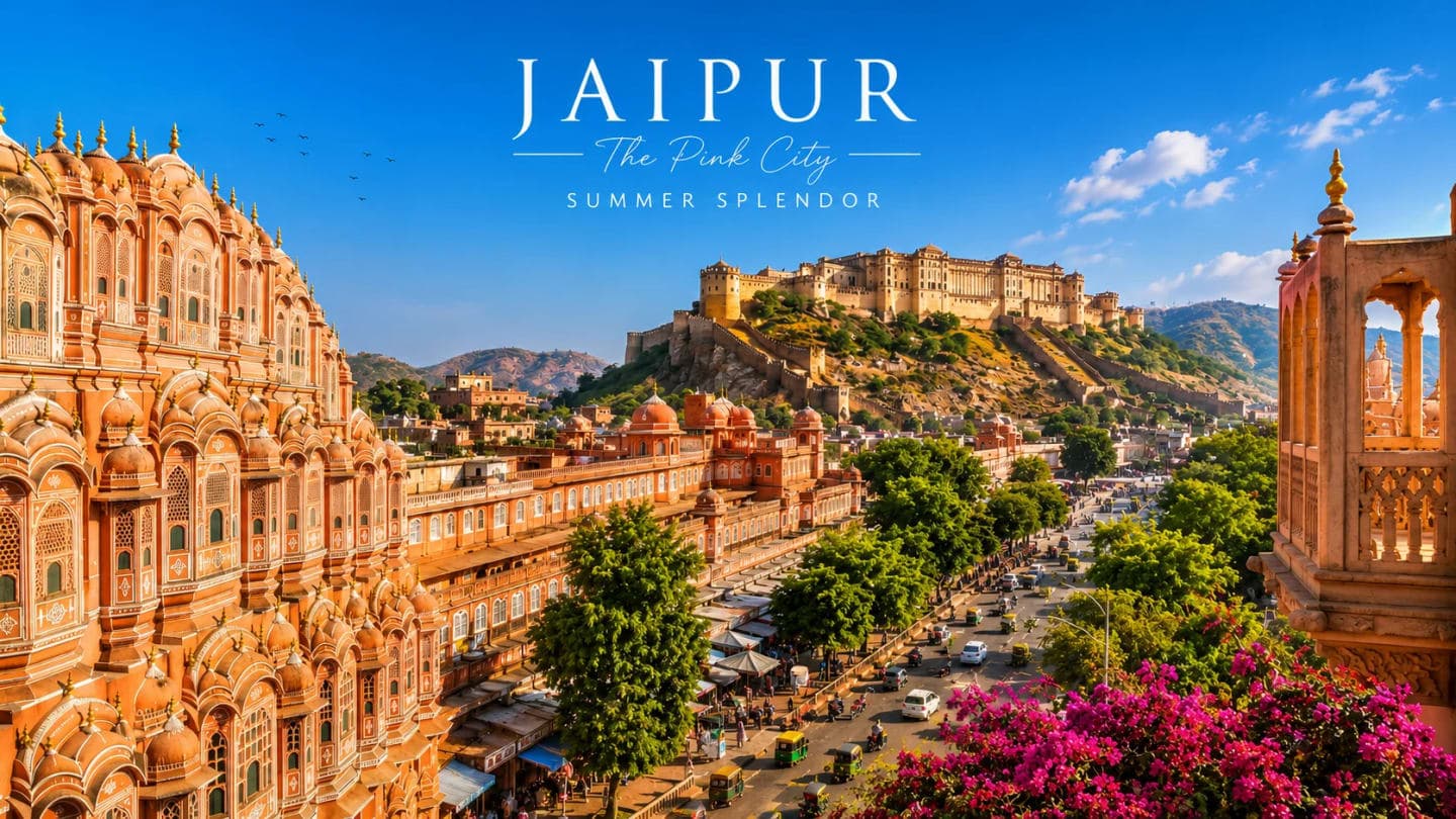 Jaipur during summer with forts, evening markets, warm light and travelers taking a break from the heat