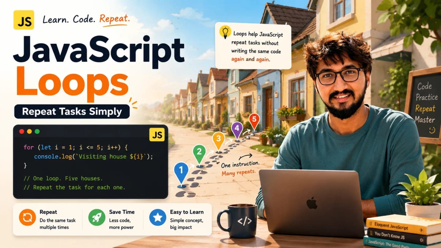 JavaScript loops concept with a repeating path and simple code on a beginner friendly screen