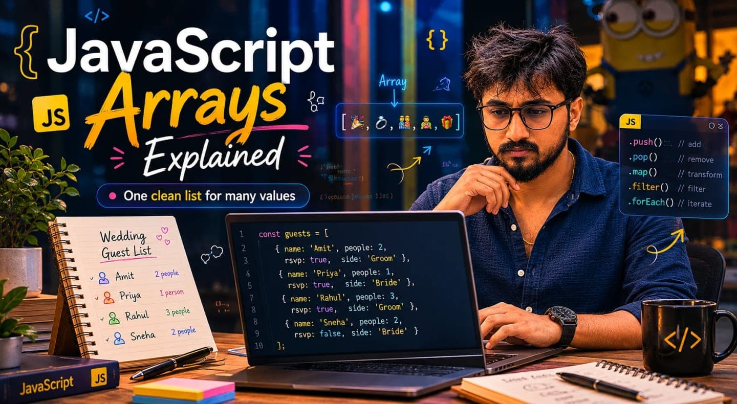 Wedding guest list shown as a JavaScript array with names organized in one clean list