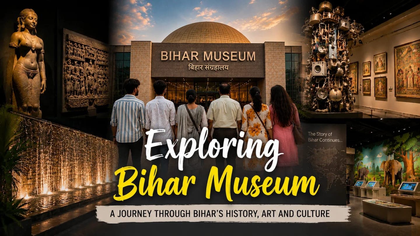Bihar Museum in Patna with modern architecture, open campus spaces, and visitors exploring indoors during summer