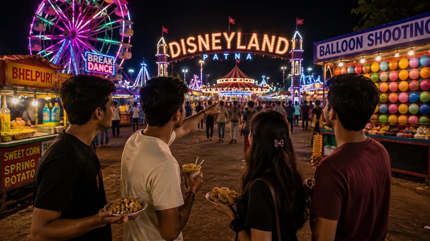 Bright seasonal fair lights and rides at Disneyland Patna during an unplanned evening visit