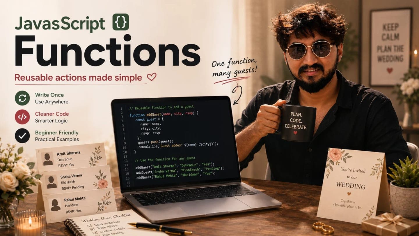 Wedding planning helper turning repeated guest tasks into reusable JavaScript functions