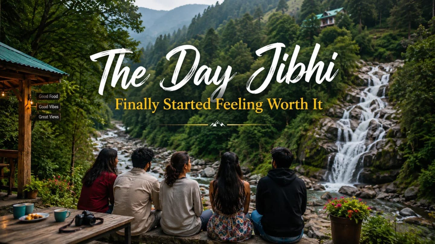 Travelers sitting beside a clear river near Jibhi before heading to a waterfall and mountain café