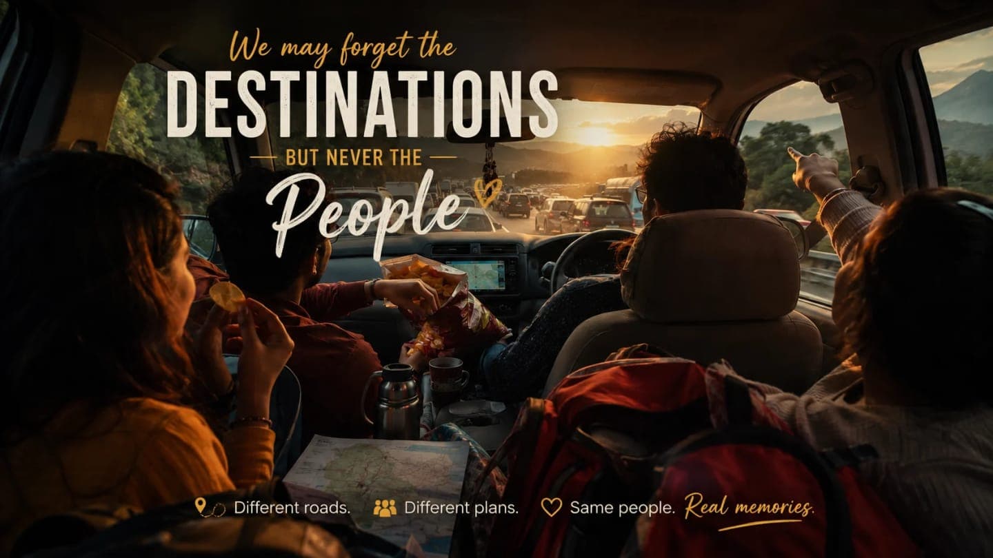Friends and family laughing together during a road trip stop in soft evening light