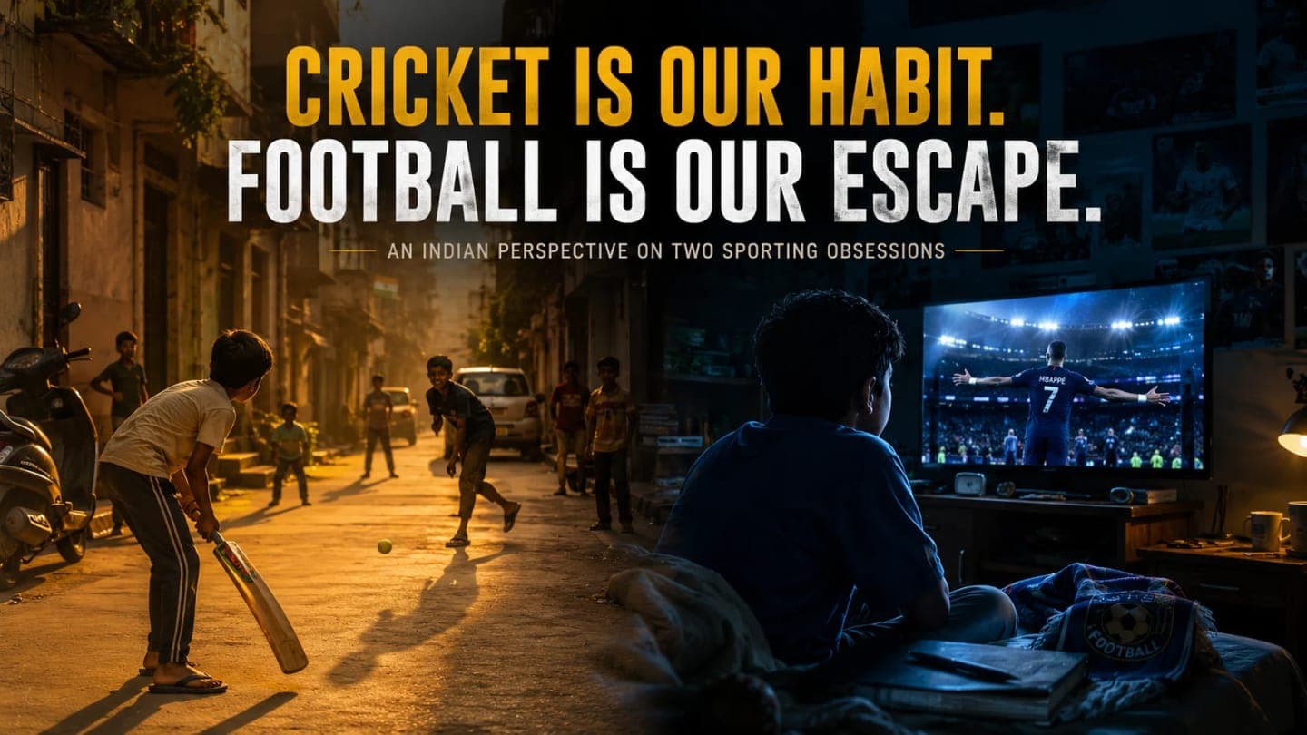 A cricket bat and football placed together in an Indian sports setting.