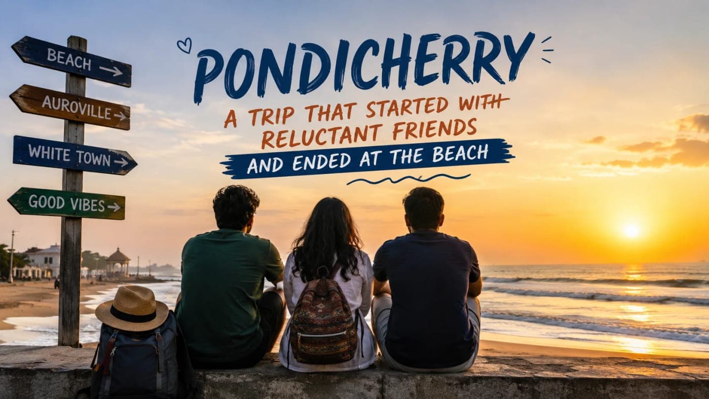 Friends enjoying a spontaneous Pondicherry beach trip after an overnight sleeper bus journey.
