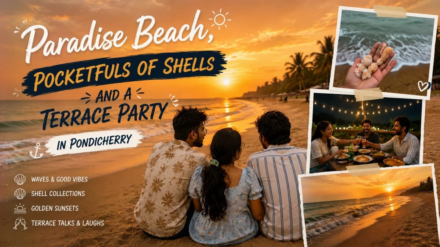 Friends walking on Paradise Beach in Pondicherry during sunset with shells in hand.