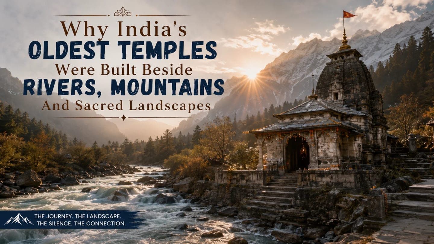 Ancient Hindu temple near a mountain river surrounded by forests and snow peaks