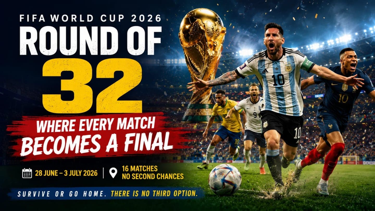 Packed football stadium before a FIFA World Cup 2026 Round of 32 knockout match