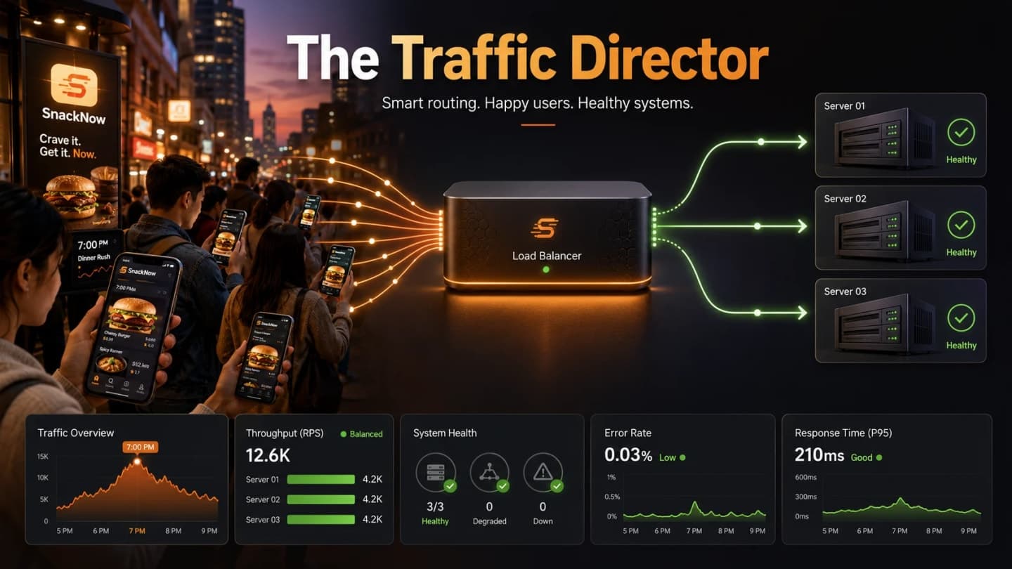 SnackNow load balancer distributing 7 PM food-ordering traffic across healthy backend servers.