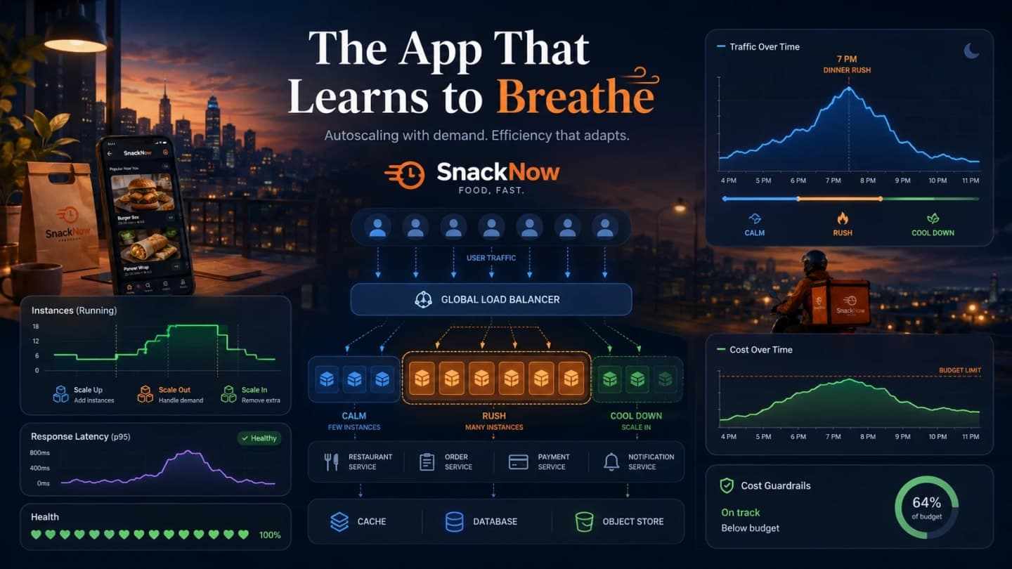 SnackNow autoscaling adding and removing backend servers as 7 PM food-ordering traffic rises and falls.