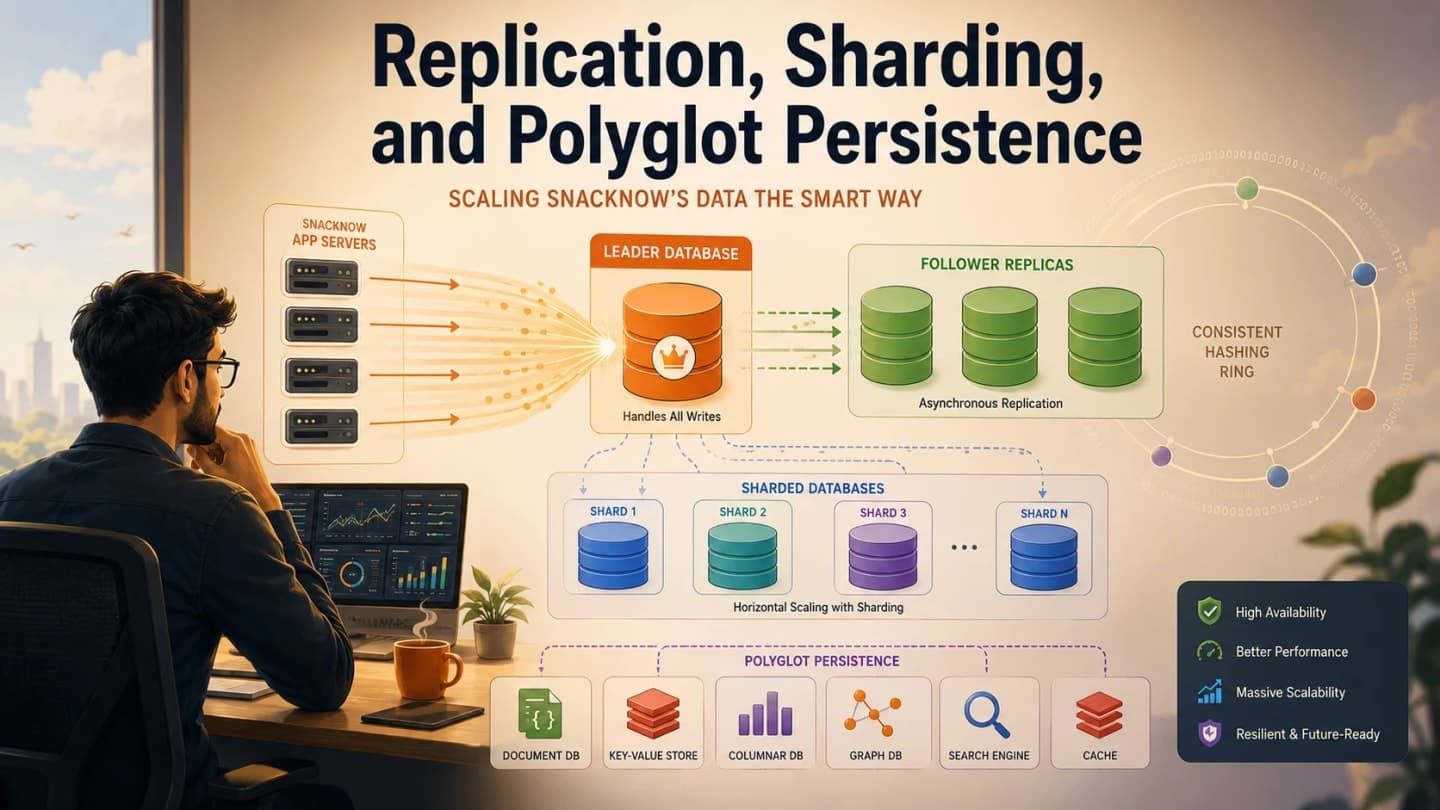 Educational diagram showing SnackNow database scaling with replicas, shards, consistent hashing, and multiple storage tools.