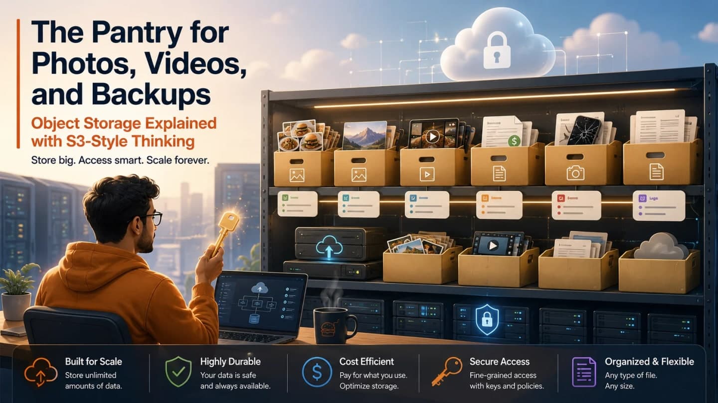 Educational diagram showing SnackNow object storage with buckets, objects, keys, metadata, presigned uploads, lifecycle, and security.