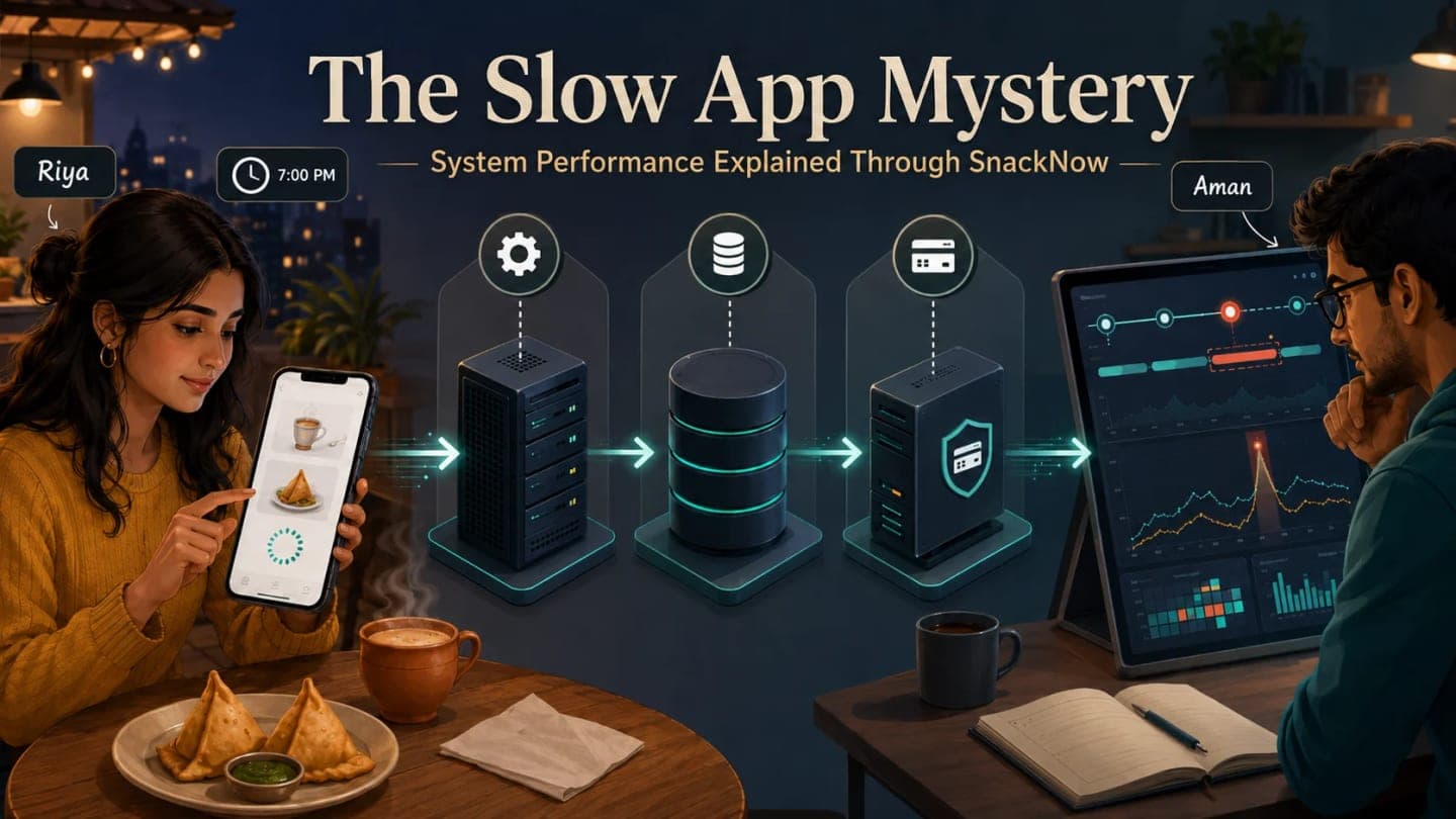 Aman tracing a slow SnackNow order across app, database, and payment services while Riya waits at 7 PM