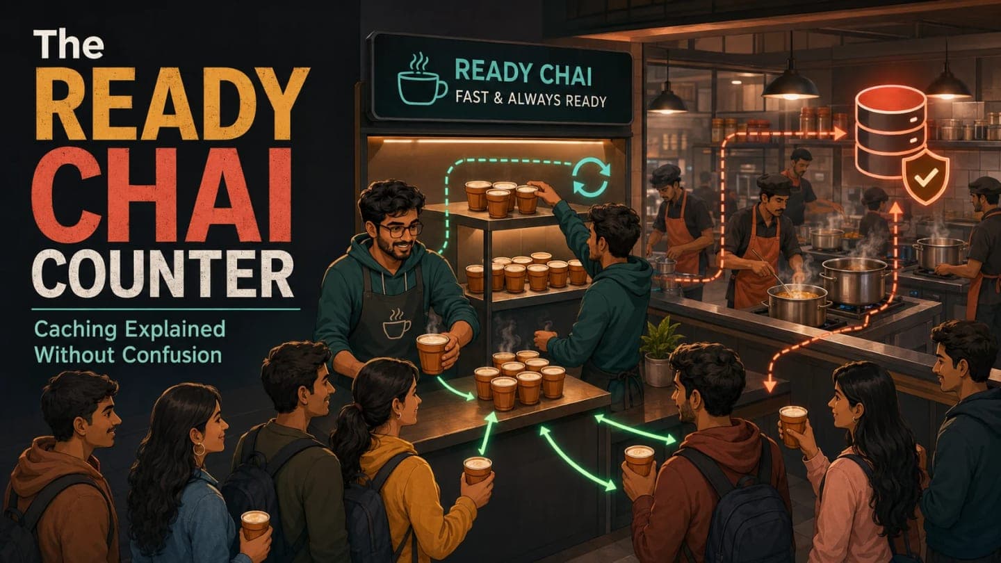 Aman comparing a crowded SnackNow database kitchen with a fast ready-chai cache counter during the 7 PM rush