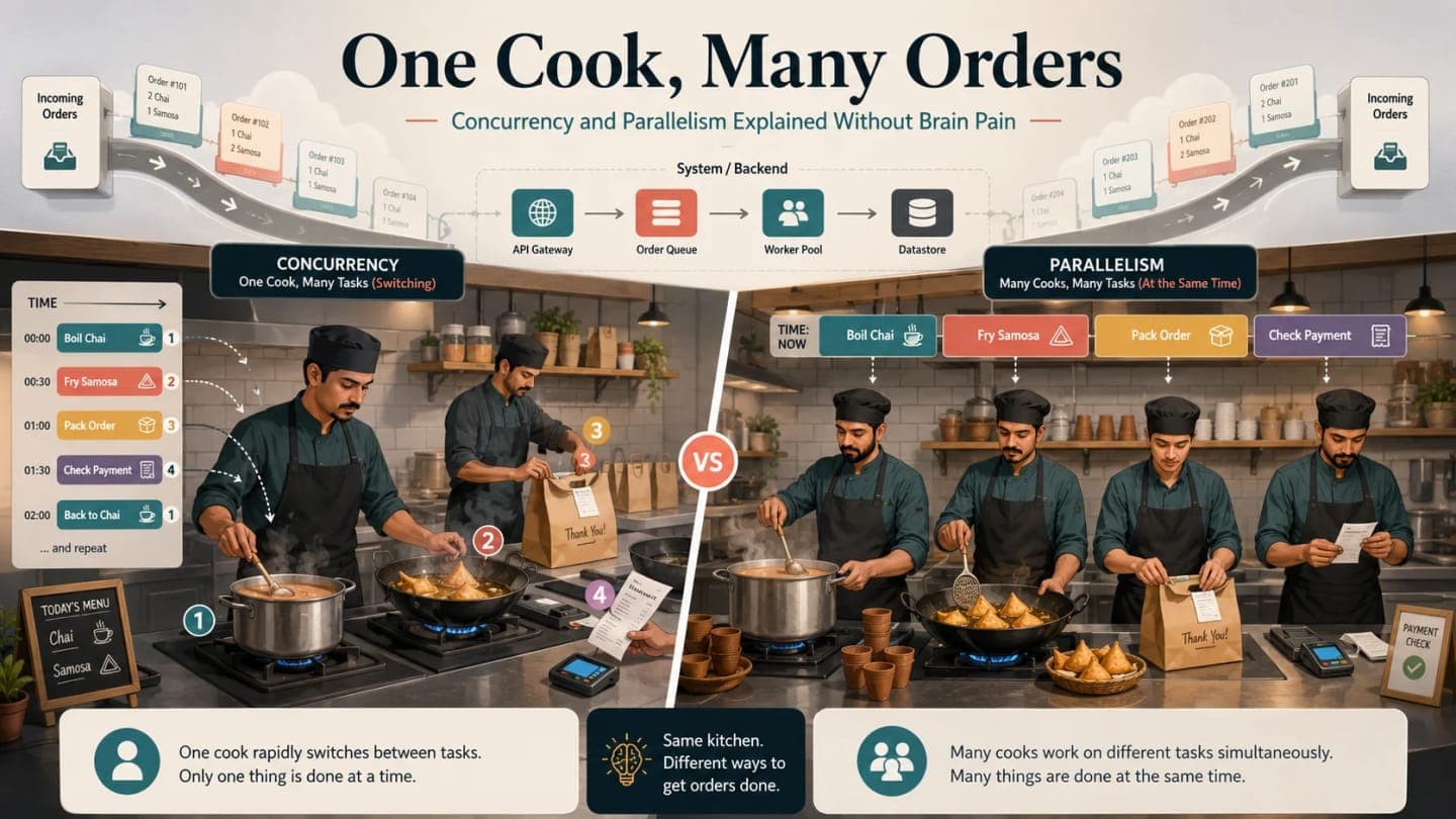 One SnackNow cook juggling several orders beside multiple cooks working on chai, samosa, packing, and delivery tasks at the same time