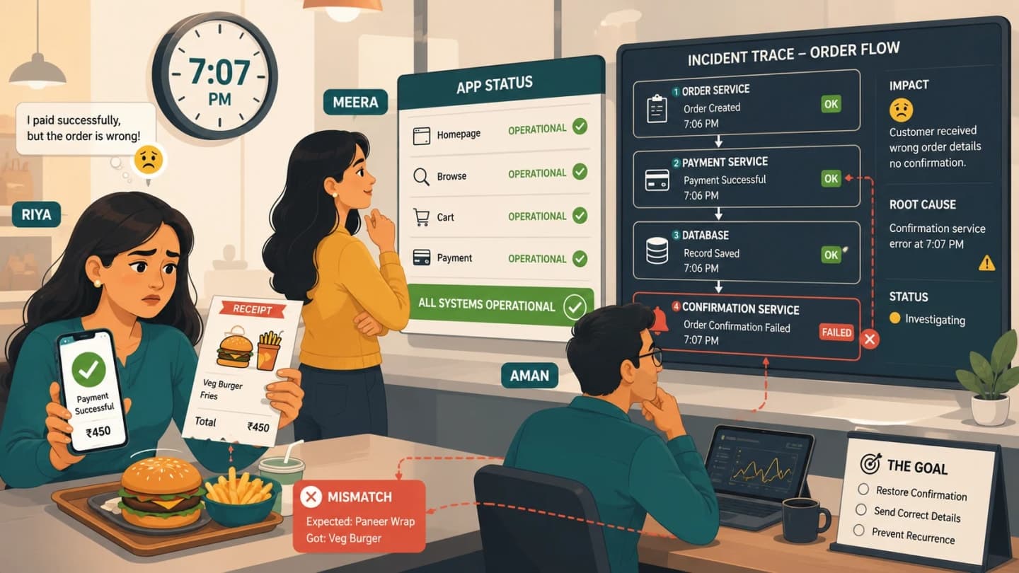 Riya's successful SnackNow payment beside a wrong order confirmation while Aman investigates the 7:07 PM reliability incident