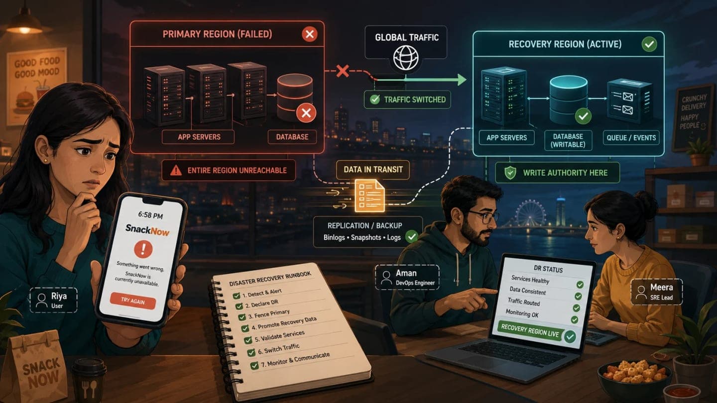 Riya seeing SnackNow fail at 6:58 PM while an entire primary cloud region goes dark and Aman prepares a recovery region