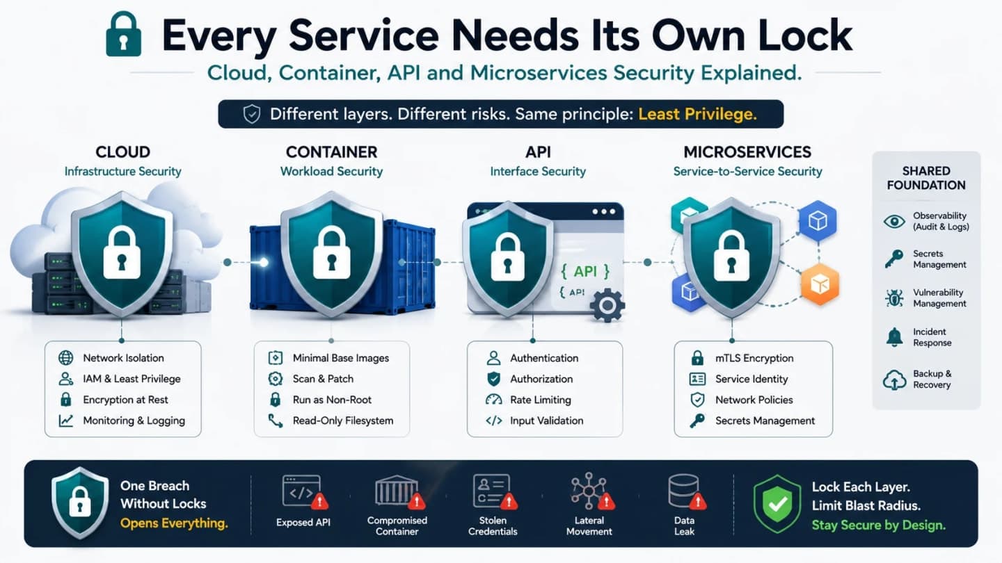 Secure cloud application showing shared responsibility, workload identity, secret management, verified containers, Kubernetes controls, protected data, and central evidence