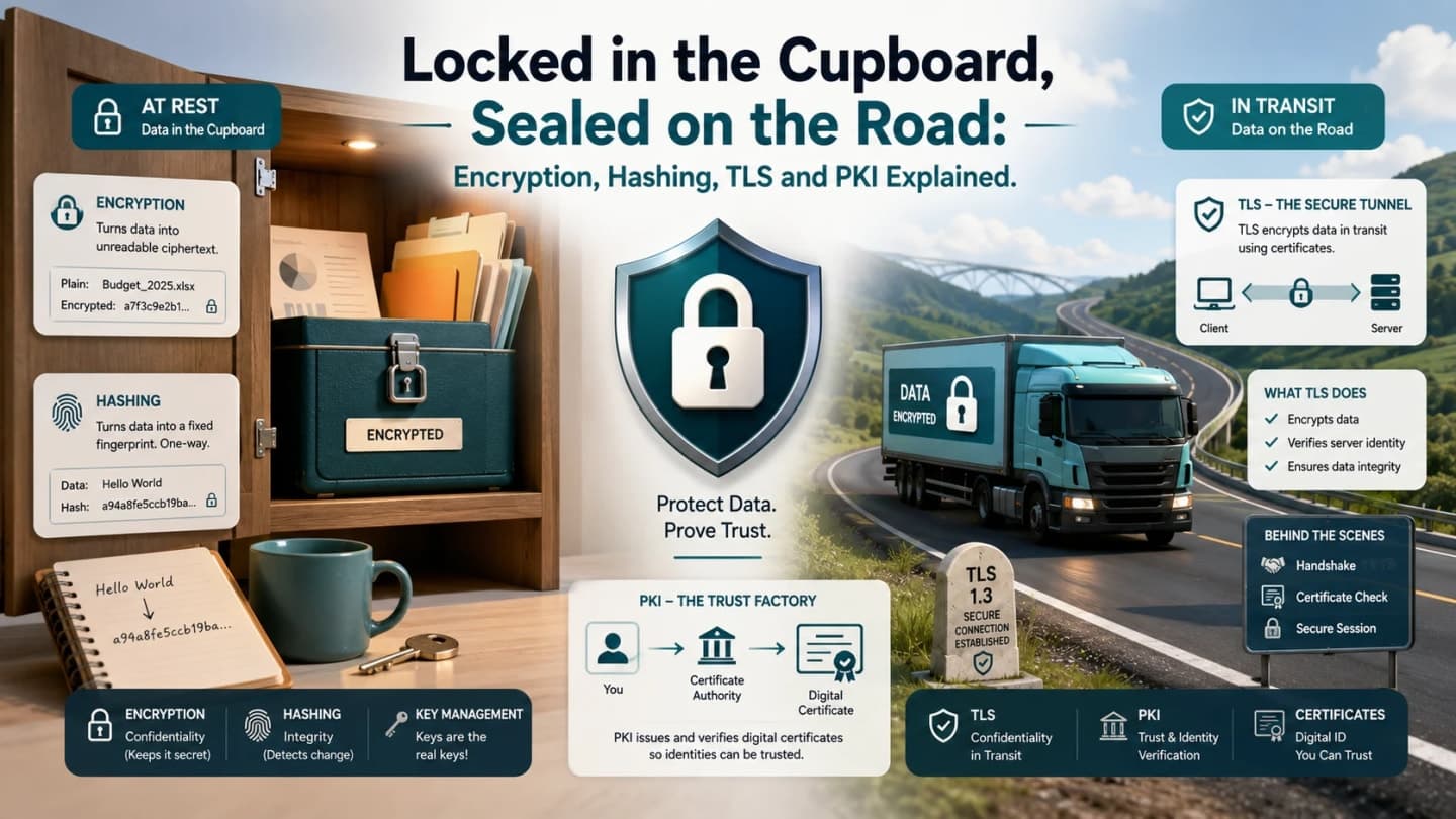 Payroll document moving through storage, encrypted transport, TLS certificate validation, integrity checks, and managed encryption keys