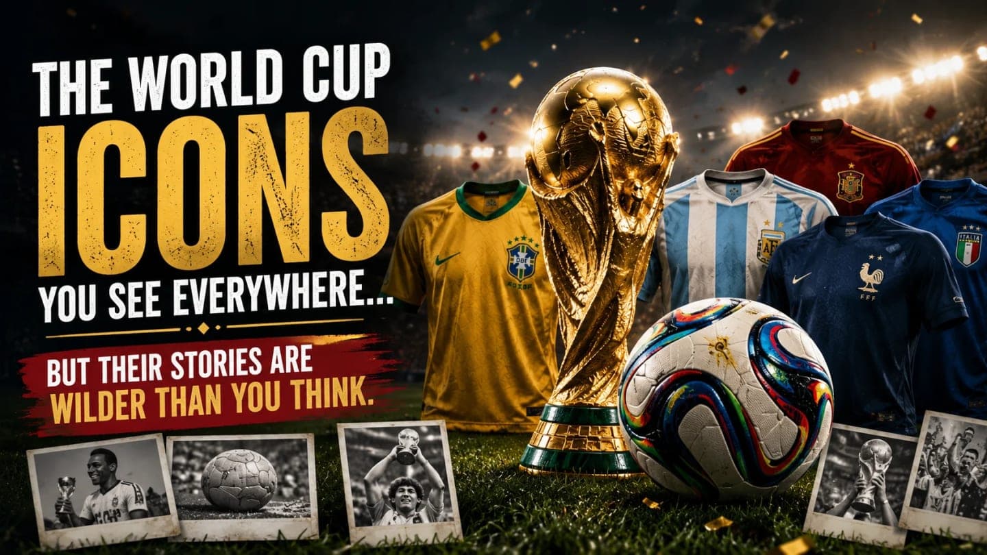 FIFA World Cup trophy, match ball and iconic jerseys displayed under stadium lights