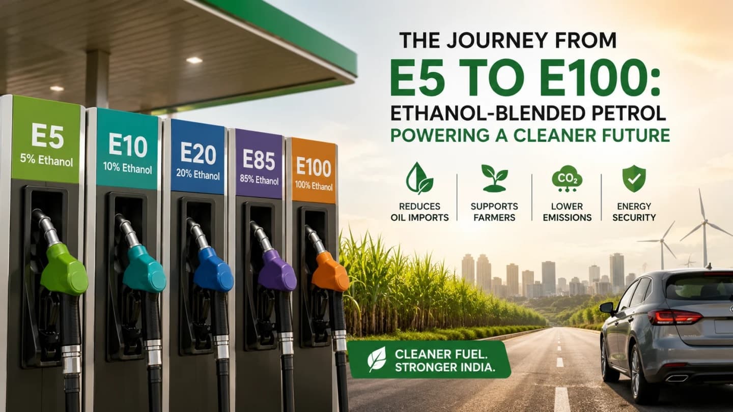 Fuel nozzles labelled with different ethanol blends including E5, E10, E20, E85 and E100 displayed at a modern petrol station.
