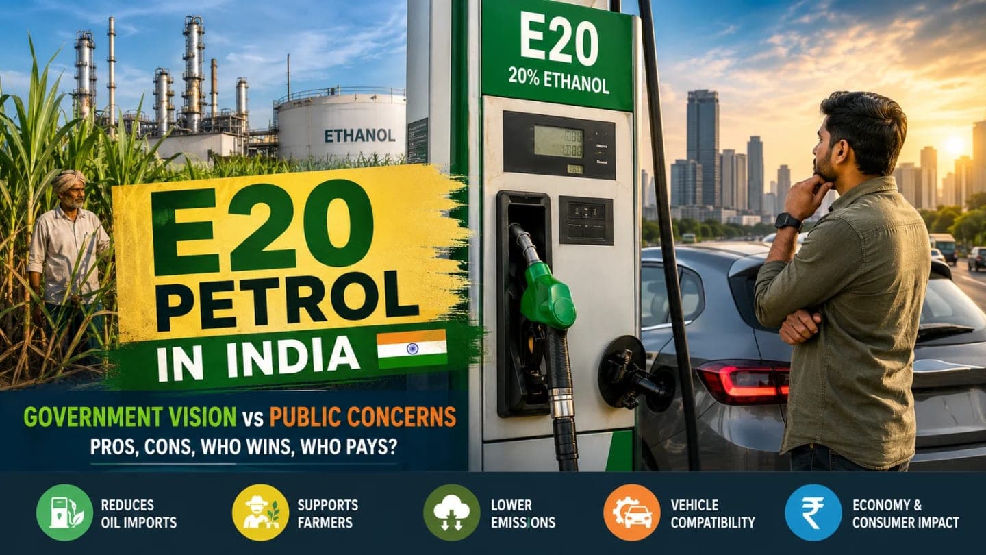 Indian car owner looking at an E20 petrol pump while deciding whether to refuel, representing the ongoing debate around ethanol-blended petrol.