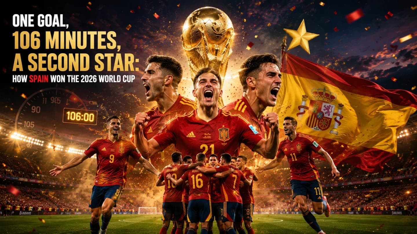 Spain captain Rodri lifting the FIFA World Cup trophy as teammates celebrate under red and gold confetti.