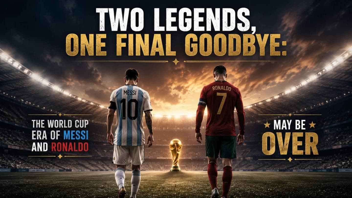 Lionel Messi and Cristiano Ronaldo walking away from a World Cup stadium after their final tournament.
