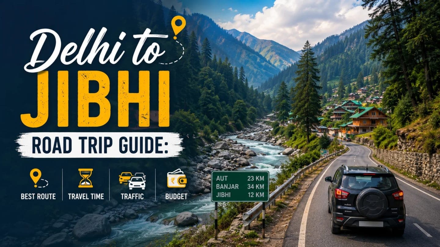 A scenic road leading through pine forests towards Jibhi with mountains, a flowing river, and a traveller enjoying the Himalayan landscape.