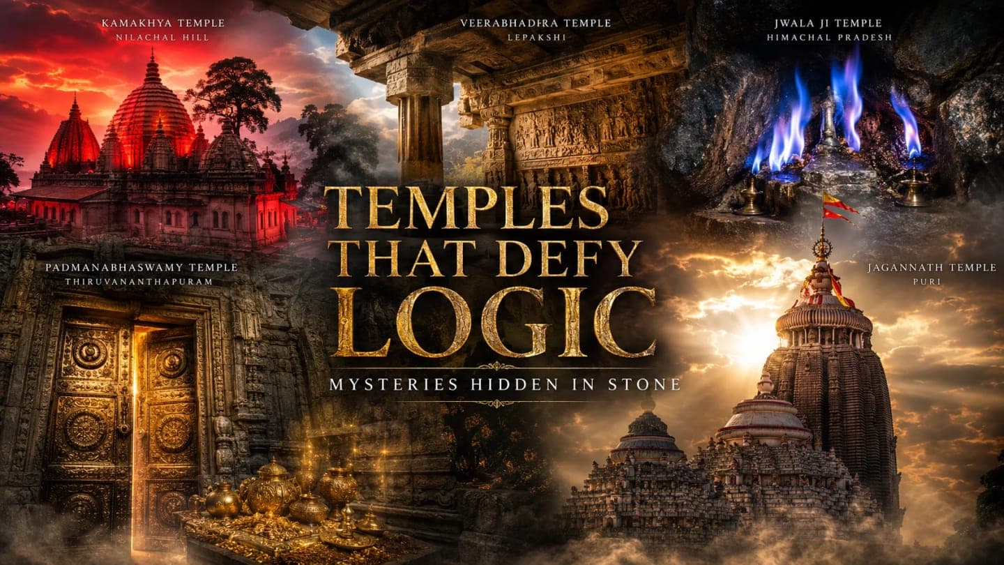 Ancient Indian temples surrounded by mystical light, featuring Kamakhya Temple, Jagannath Temple, Jwala Ji flames, Lepakshi's hanging pillar, and Padmanabhaswamy Temple.