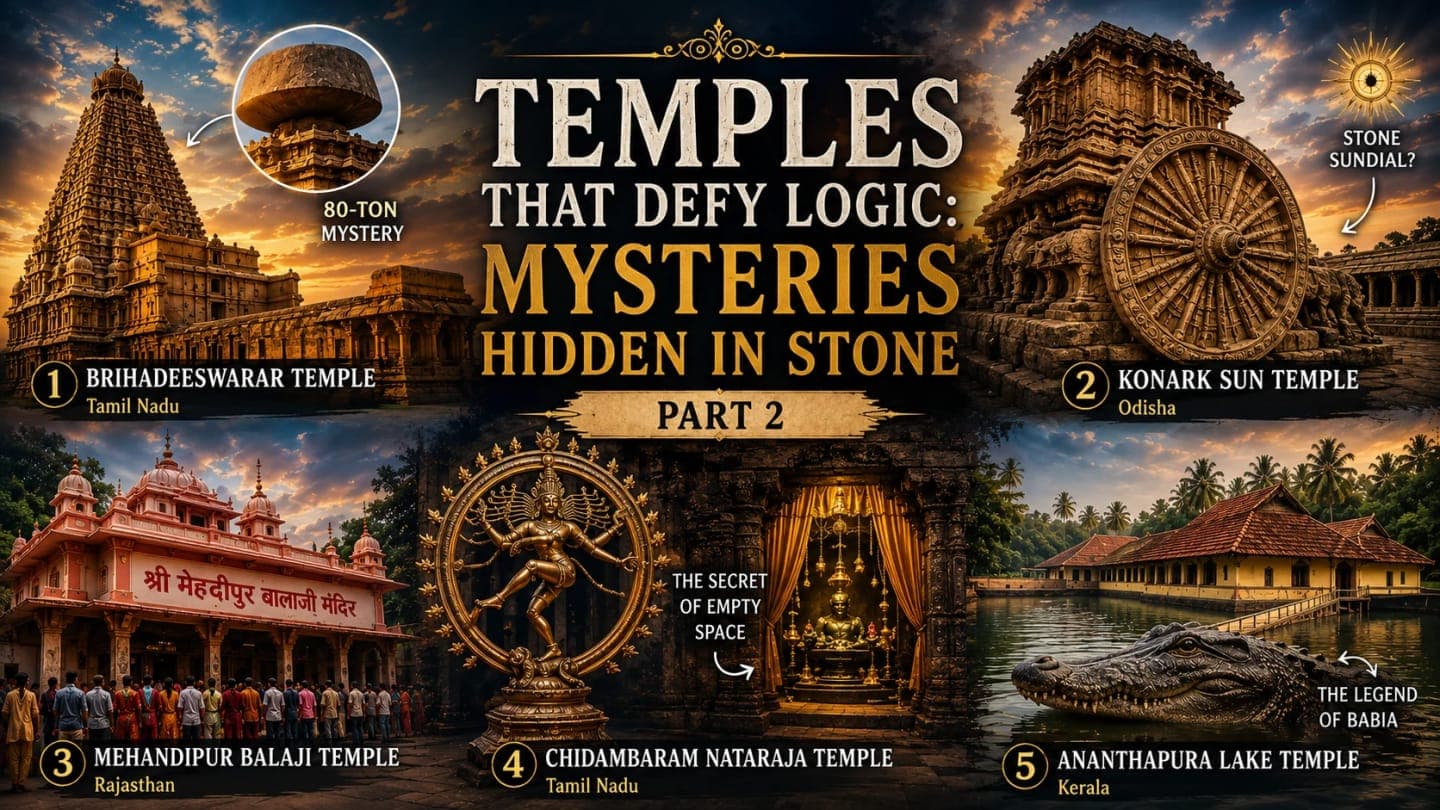 Collage of Brihadeeswarar, Konark Sun, Mehandipur Balaji, Chidambaram Nataraja, and Ananthapura Lake temples showcasing India's mysterious temple heritage.