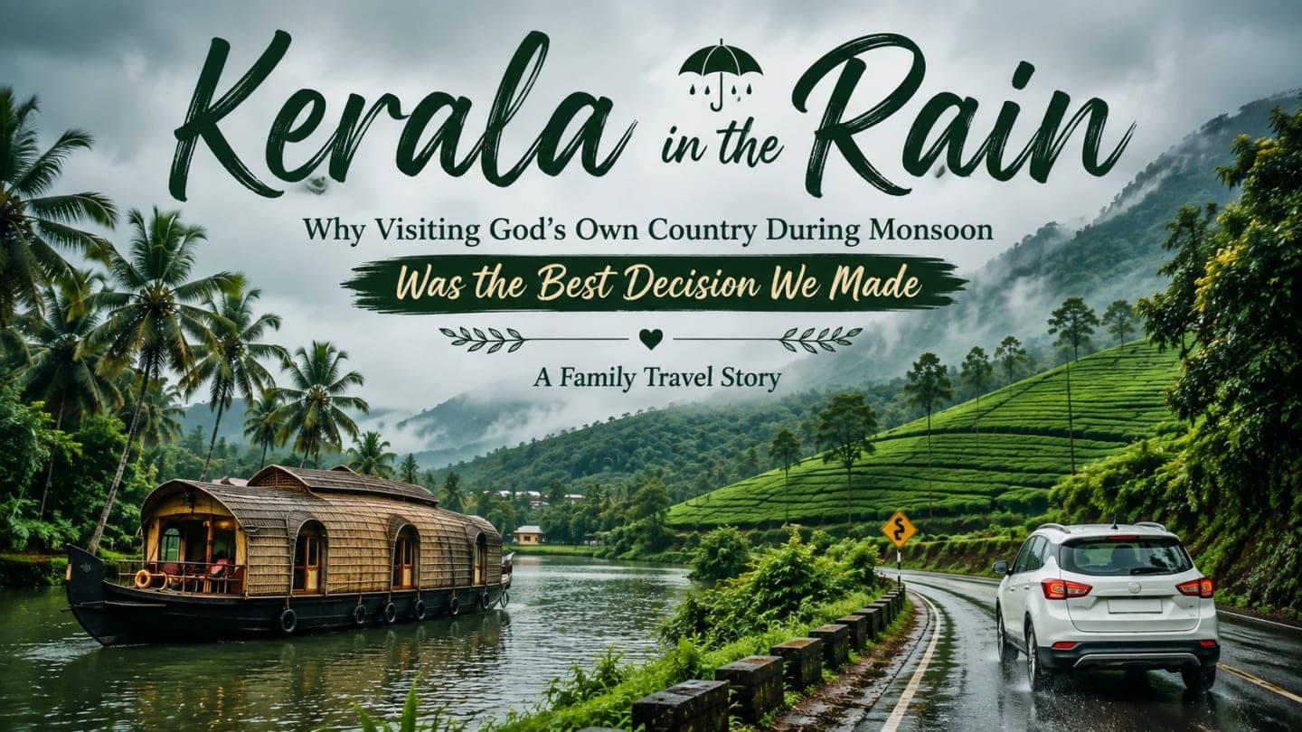 A mist-covered tea plantation in Kerala during the monsoon with lush green hills, low clouds, and a winding road capturing the beauty of God's Own Country.