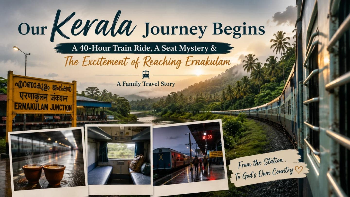 A long-distance train travelling through lush green landscapes towards Ernakulam with passengers enjoying the scenic journey to Kerala.