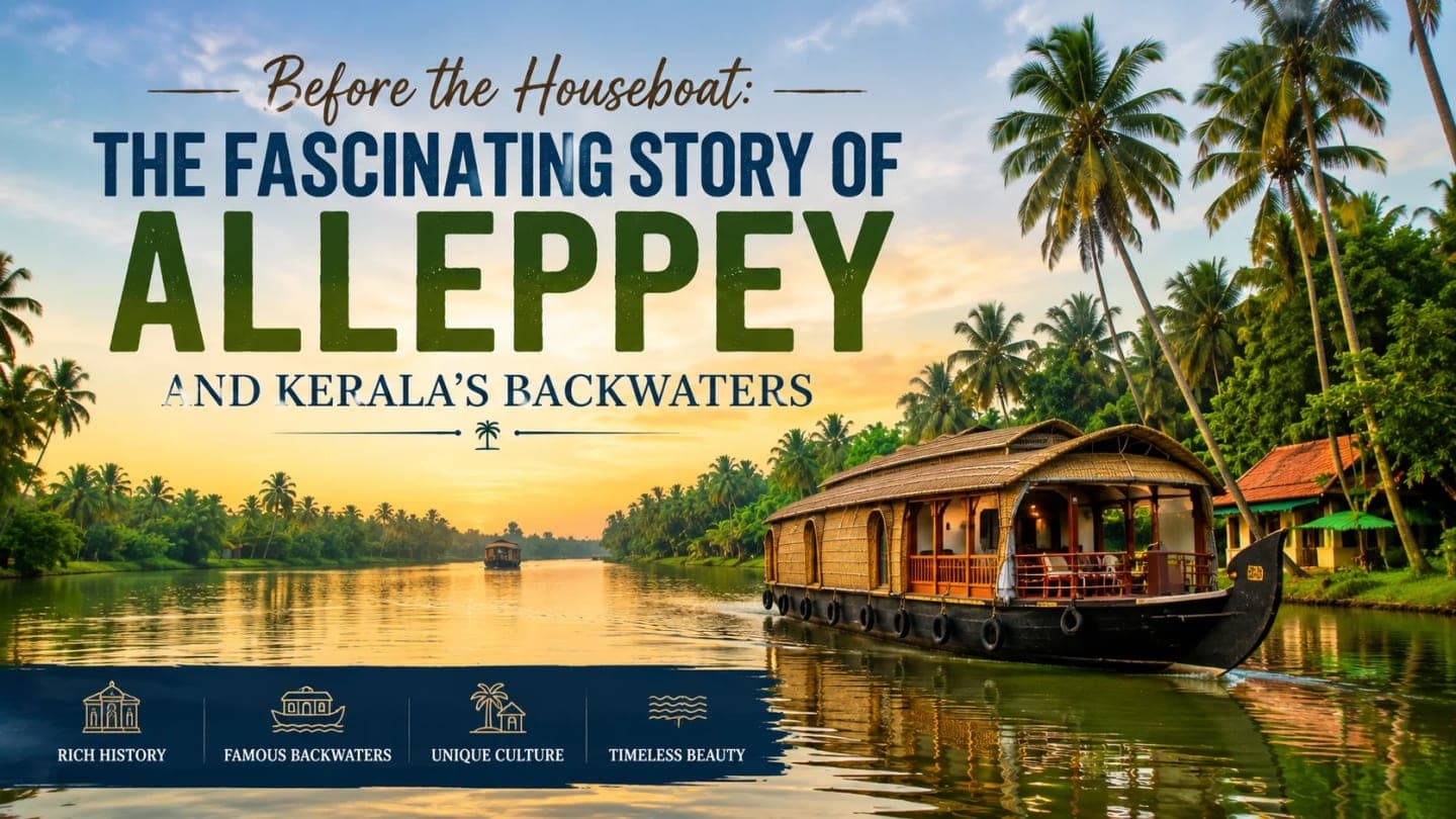 Traditional Kerala houseboats cruising through the calm backwaters of Alleppey, surrounded by coconut trees and lush greenery under a cloudy monsoon sky.